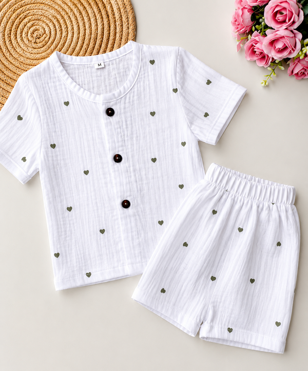 Muslin Half Sleeve Co Ord Set - Green Hearts