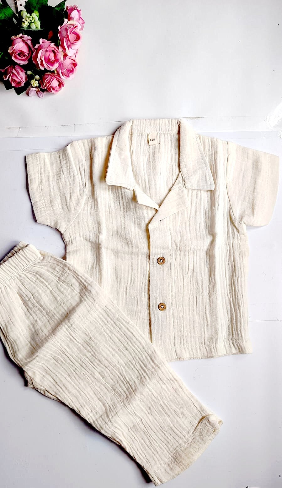 Crinkled Muslin Night Suit - Cream Shade (12 - 18 Months) image 0