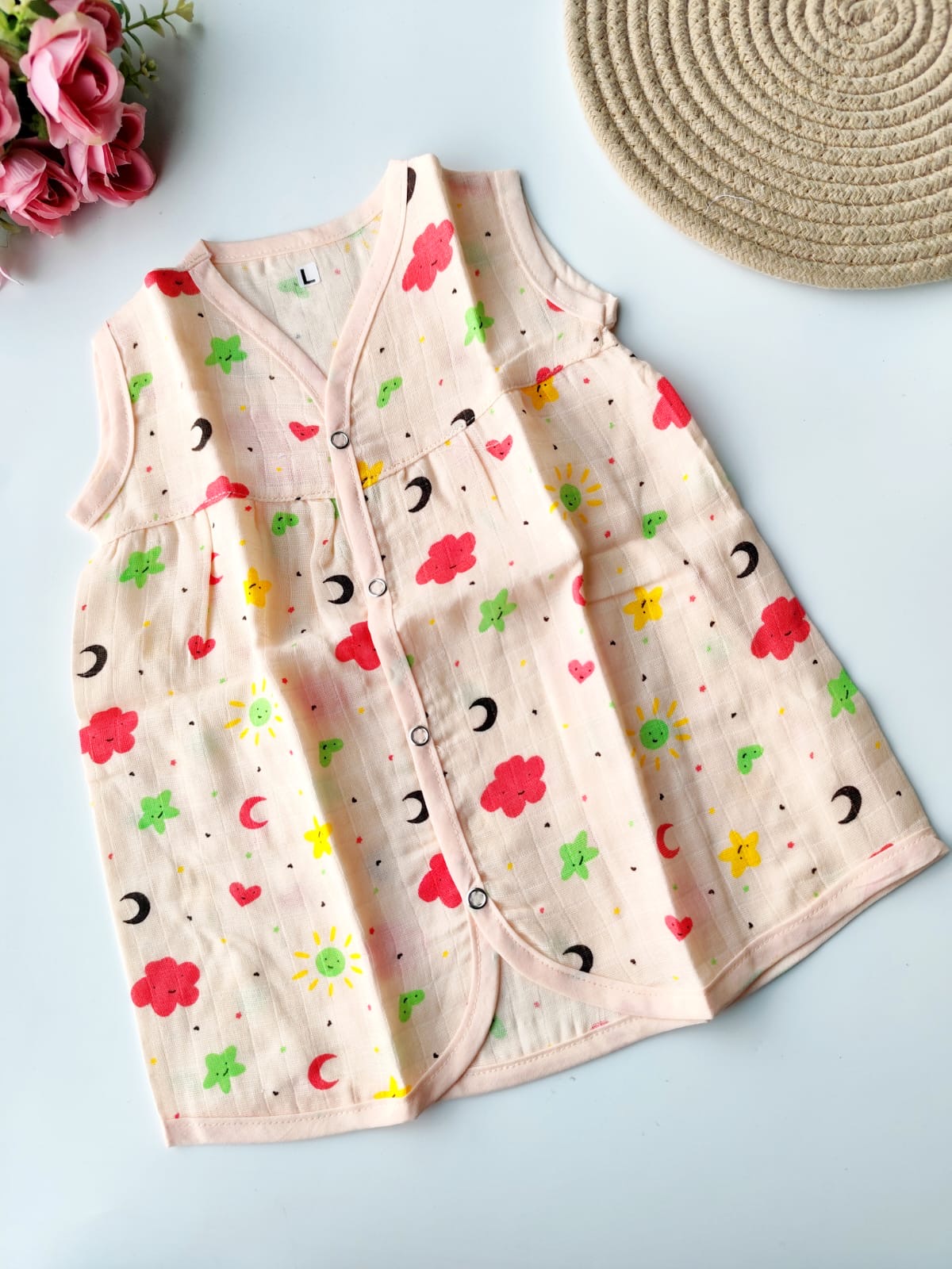Muslin Colored Chest Cut Frock - Peach Clouds