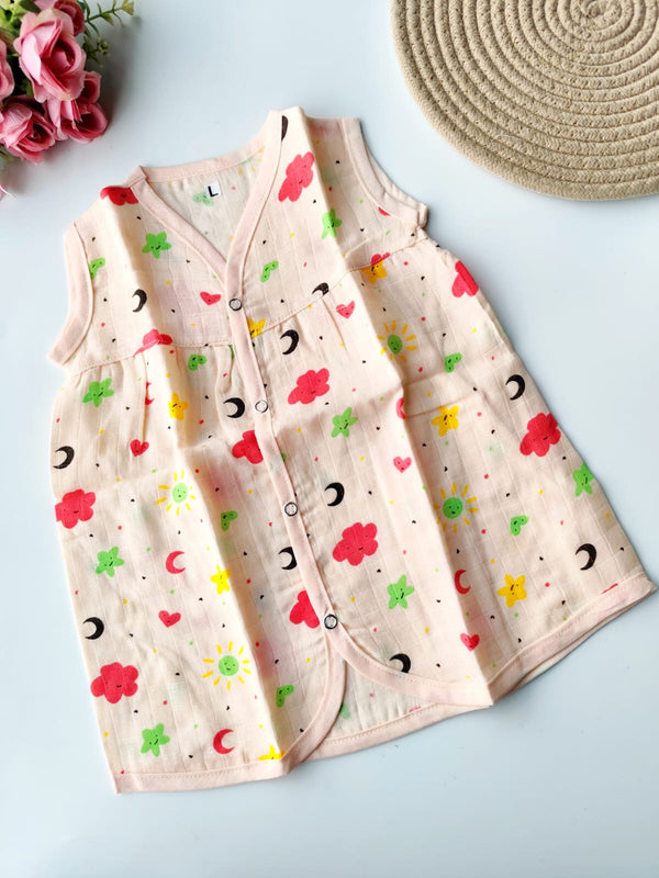 Muslin Colored Chest Cut Frock - Peach Clouds