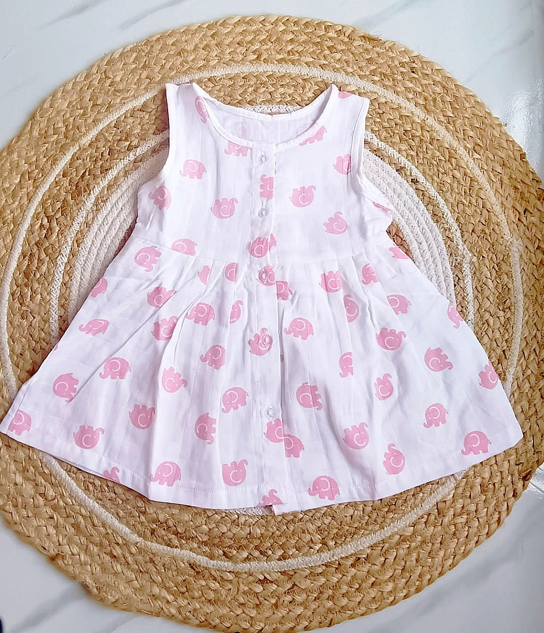 Muslin Button Frocks - Elephant Print, 12 - 18 M image