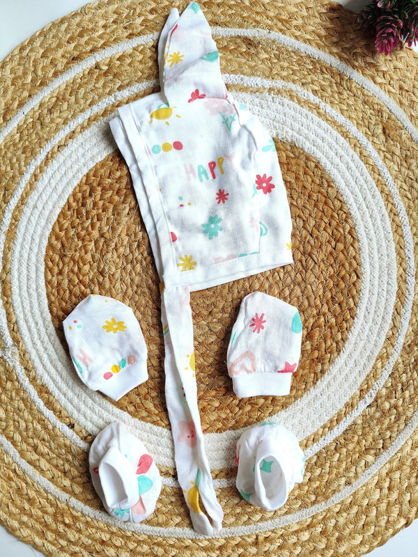 Muslin Cap, Mitten & Booties Set - Happy Heart Print