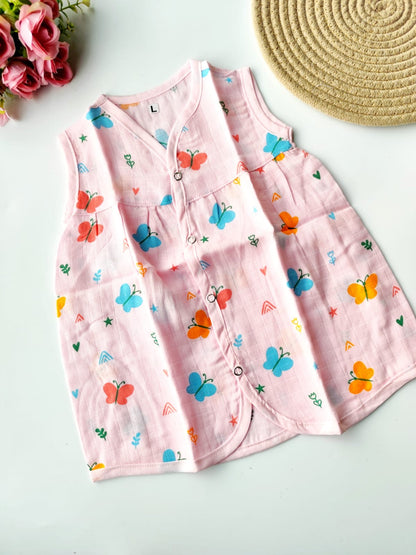 Muslin Colored Chest Cut Frock - Pink Butterflies