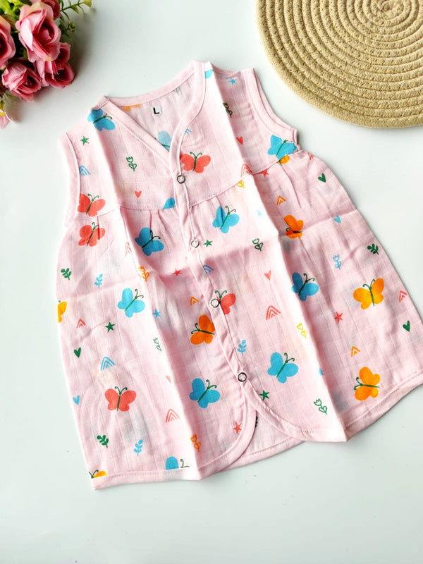 Muslin Colored Chest Cut Frock - Pink Butterflies