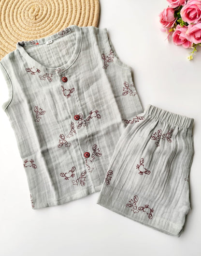 Muslin Sleeveless Co Ord Set - Ash Green Crab