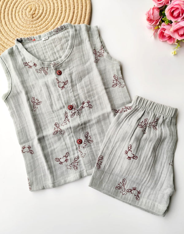 Muslin Sleeveless Co Ord Set - Ash Green Crab