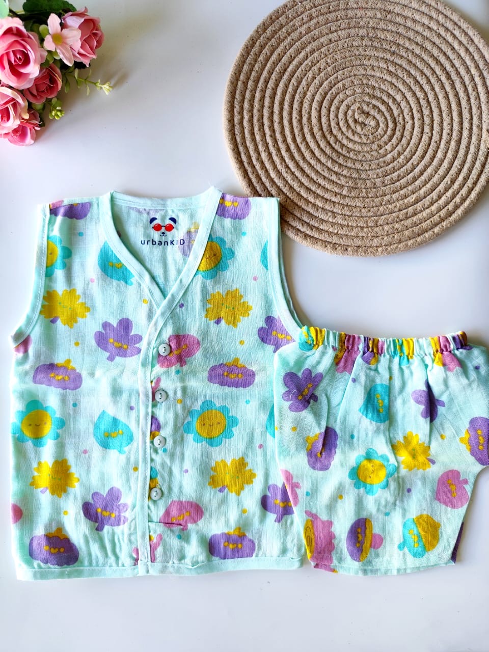 Muslin Sleeveless Co Ord Set - Blue Floral