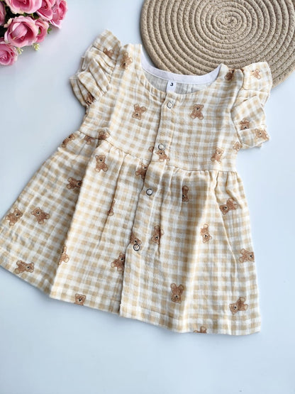 Muslin Frill Sleeve Frock - Beige Teddy Bear