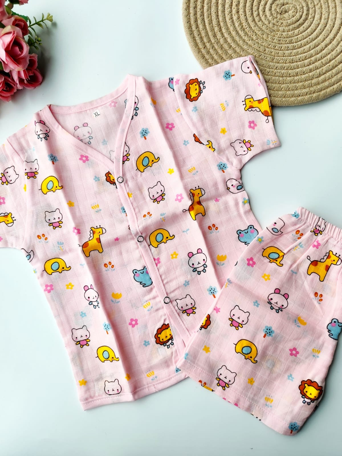 Muslin Colored Co Ord Set - Pink Bunny
