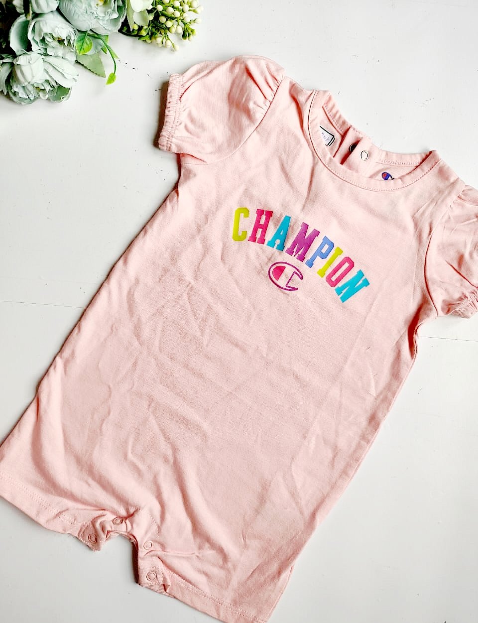 Pink "Champion" Print Girls Romper image 0