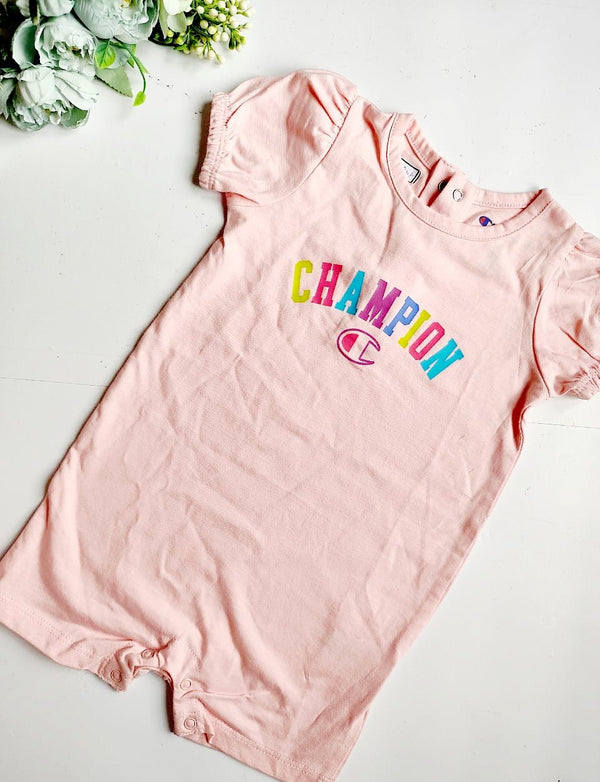 Pink "Champion" Print Girls Romper