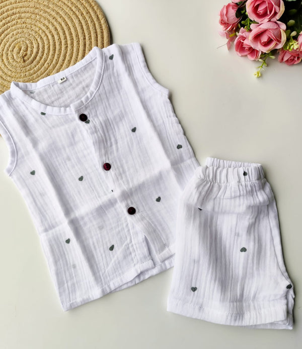 Muslin Sleeveless Co Ord Set - Green Hearts