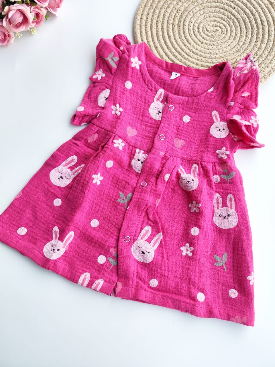 Muslin Frill Sleeve Frock - Magenta Bunny