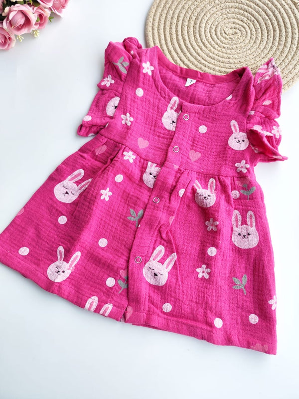 Muslin Frill Sleeve Frock - Magenta Bunny