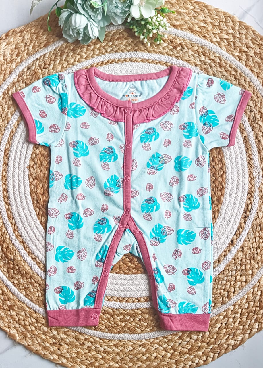 Girls Cotton Printed Romper - Blue, 0 - 6 M image