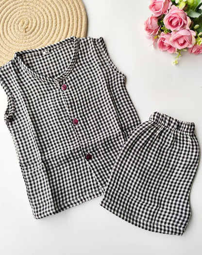 Muslin Sleeveless Co Ord Set - Black Gingham