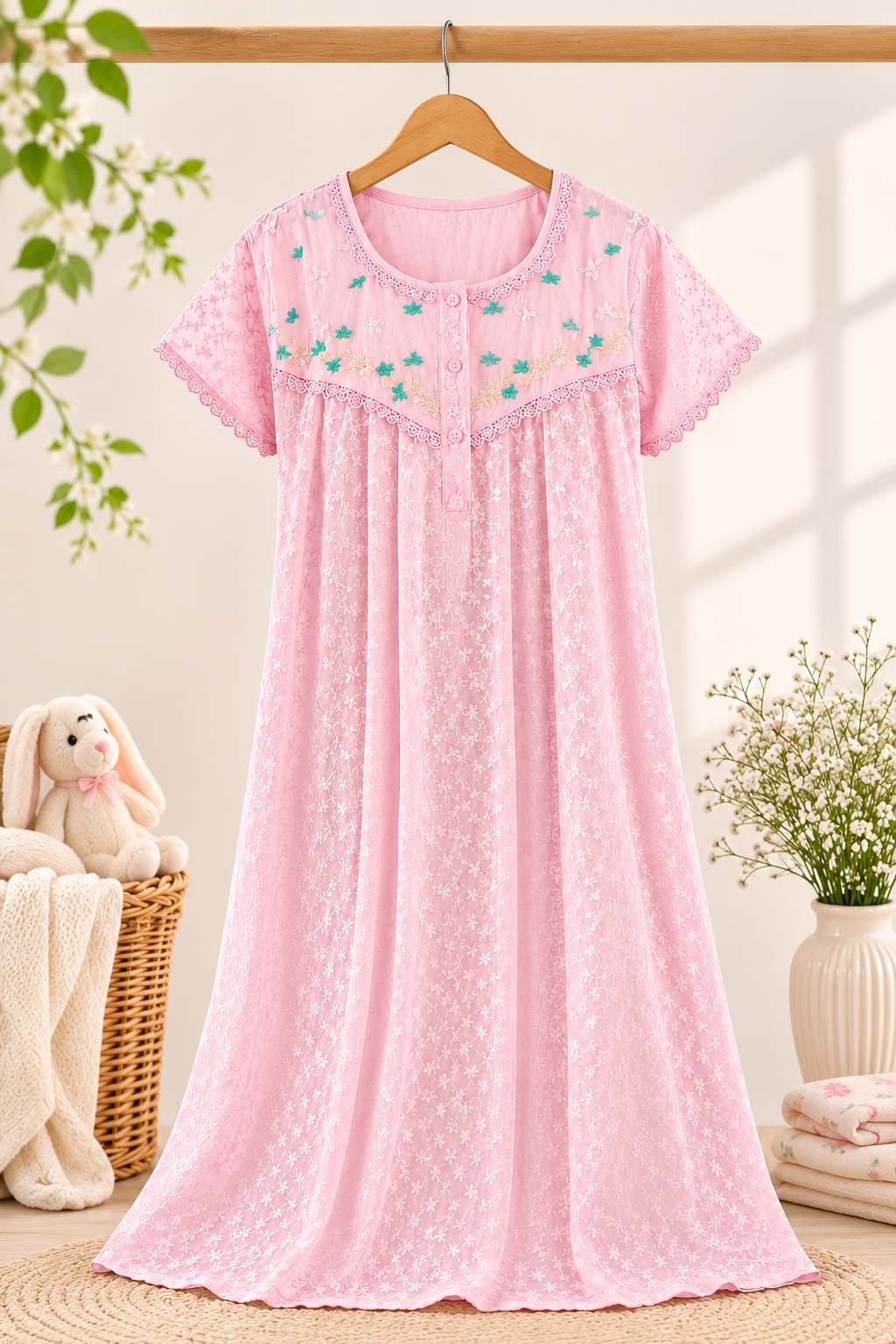Chikankari Maternity/Feeding Nighty - Pink
