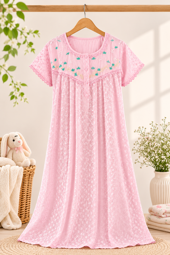 Chikankari Maternity/Feeding Nighty - Pink