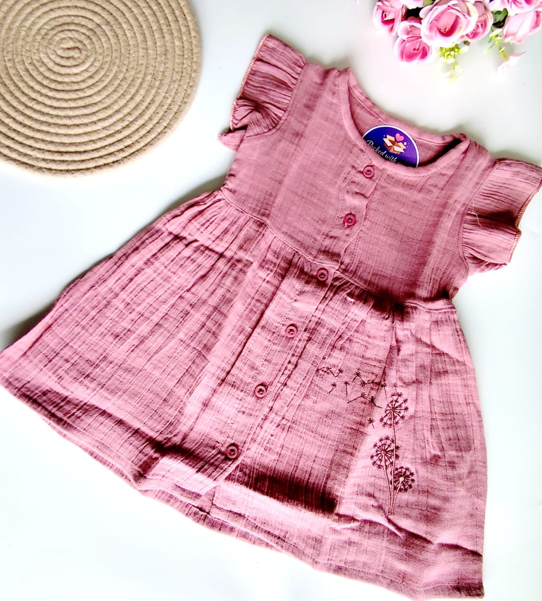 Muslin Frill Sleeve Frock - Mauve Pink