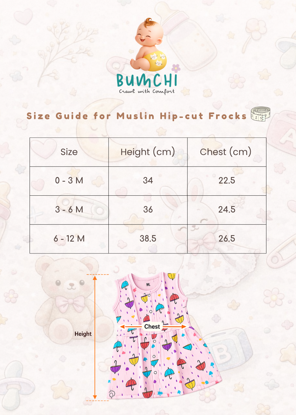 Muslin Colored Hip Cut Frock - Green Stars