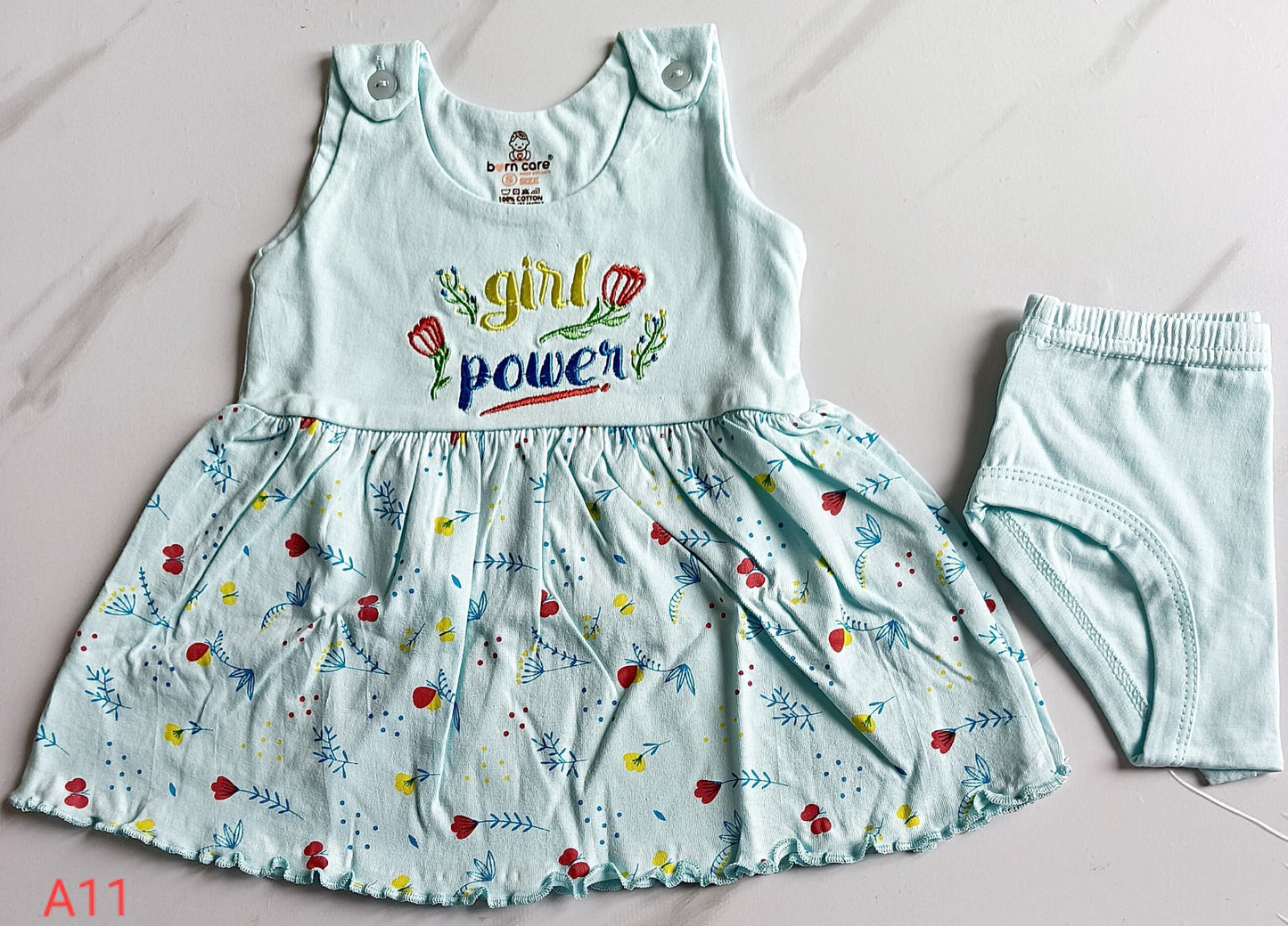 Shoulder Button Cotton Frock - Blue, 12 - 18 M image