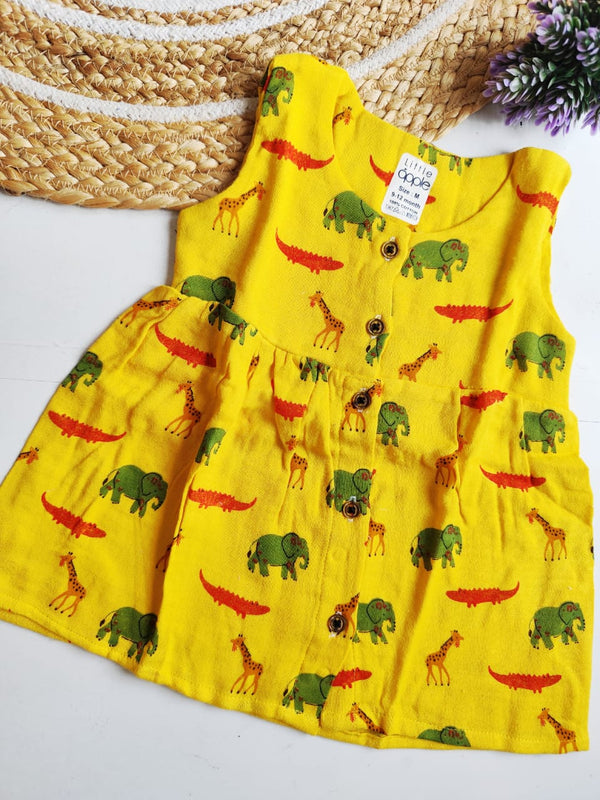 Muslin Frock - Yellow Animals Print