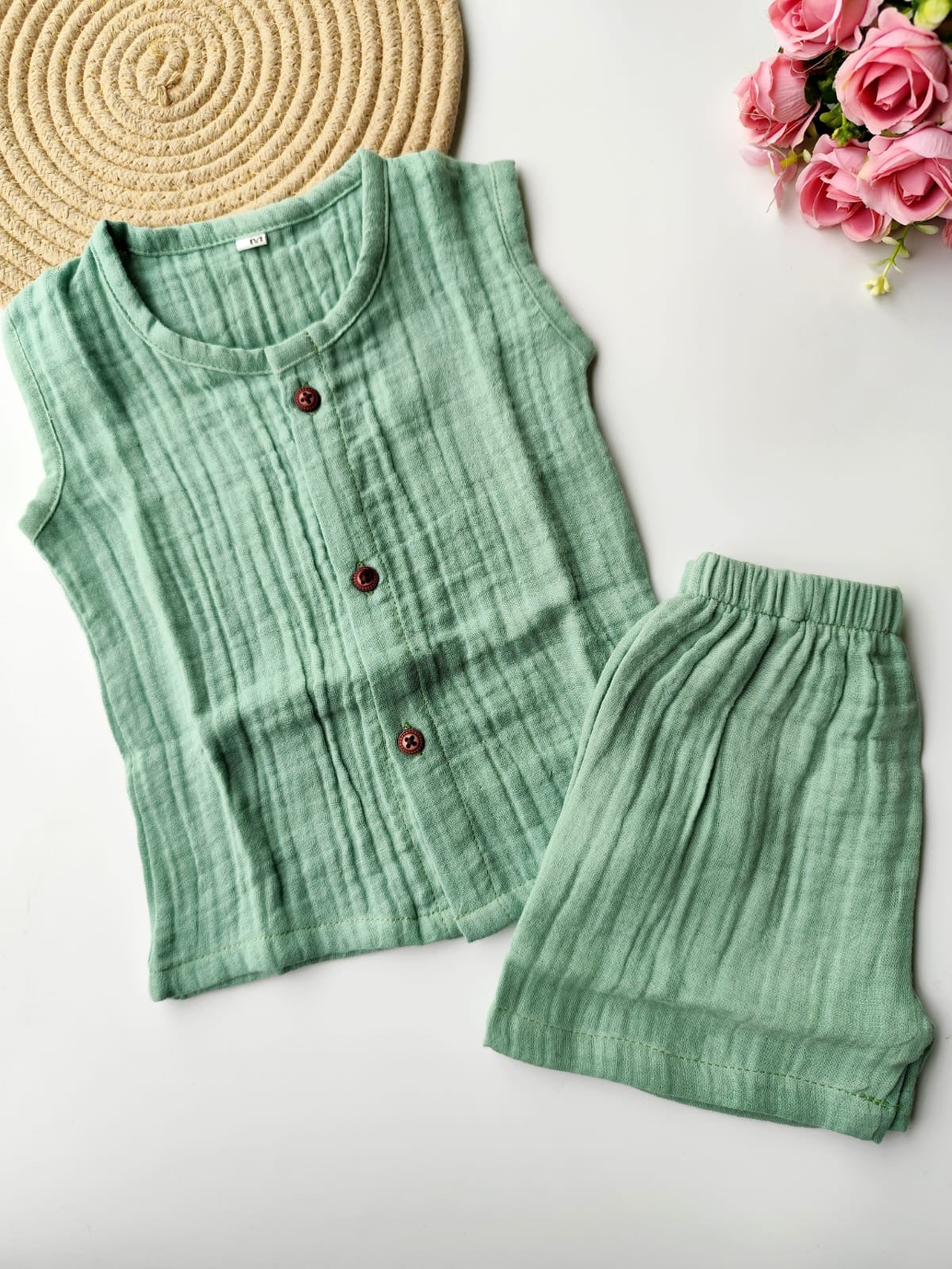 Muslin Sleeveless Co Ord Set - Grass Green