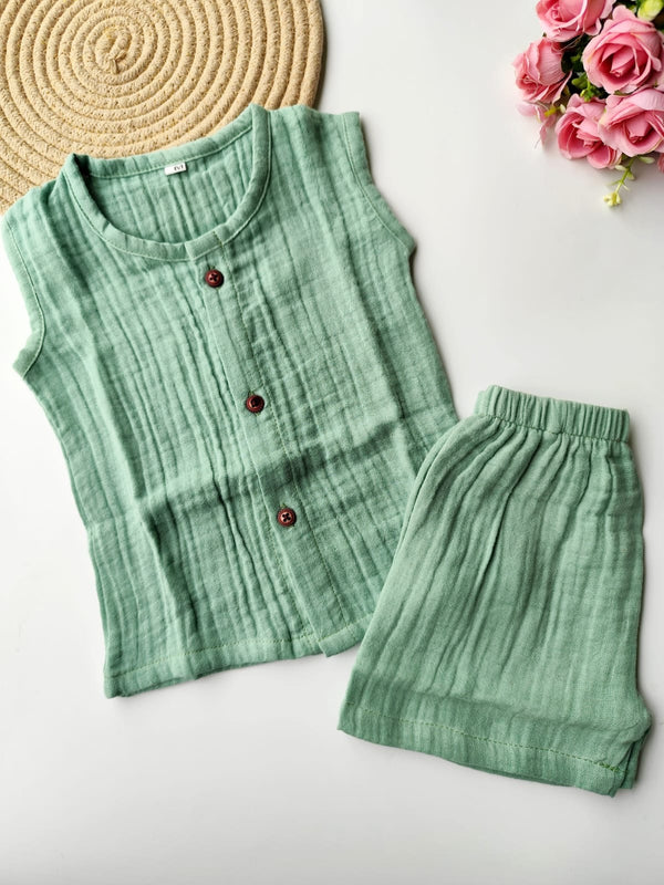 Muslin Sleeveless Co Ord Set - Grass Green