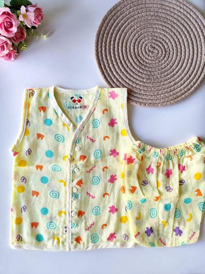 Muslin Sleeveless Co Ord Set - Yellow Geo Shapes