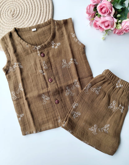 Muslin Sleeveless Co Ord Set - Henna Green Crab