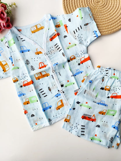 Muslin Colored Co Ord Set - Blue Vehicles