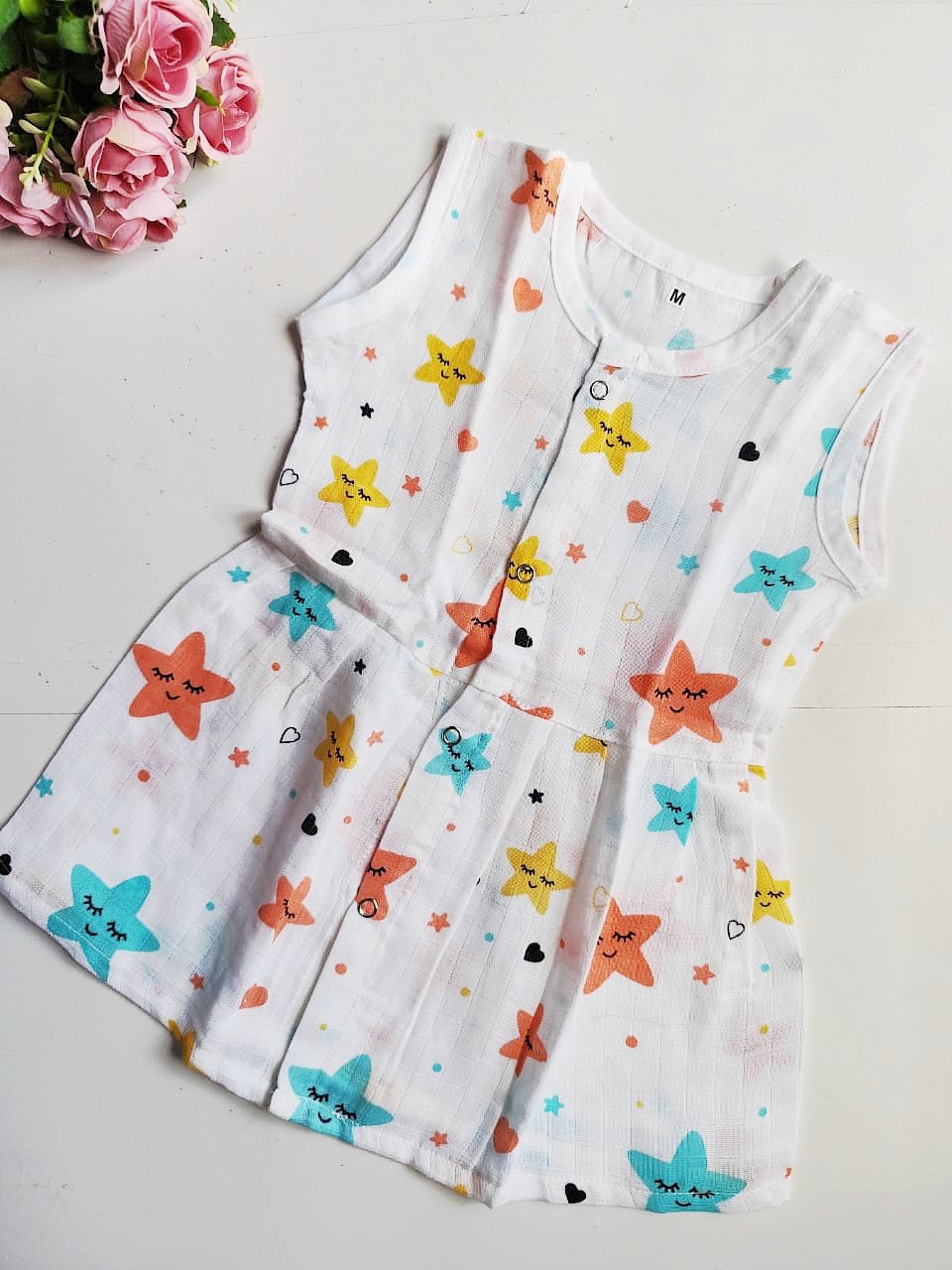 Muslin Hip Cut Frocks - Star Print, 6 - 12 M image
