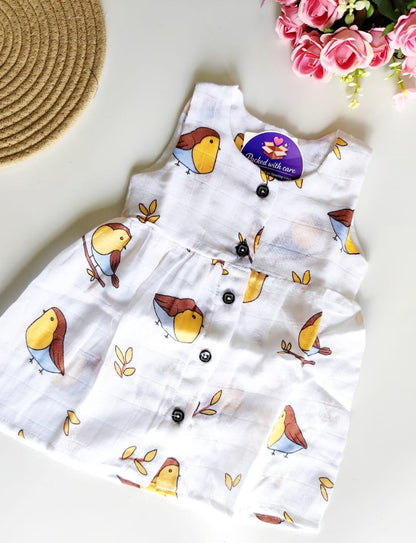 Muslin Hip Cut Frock - Birds