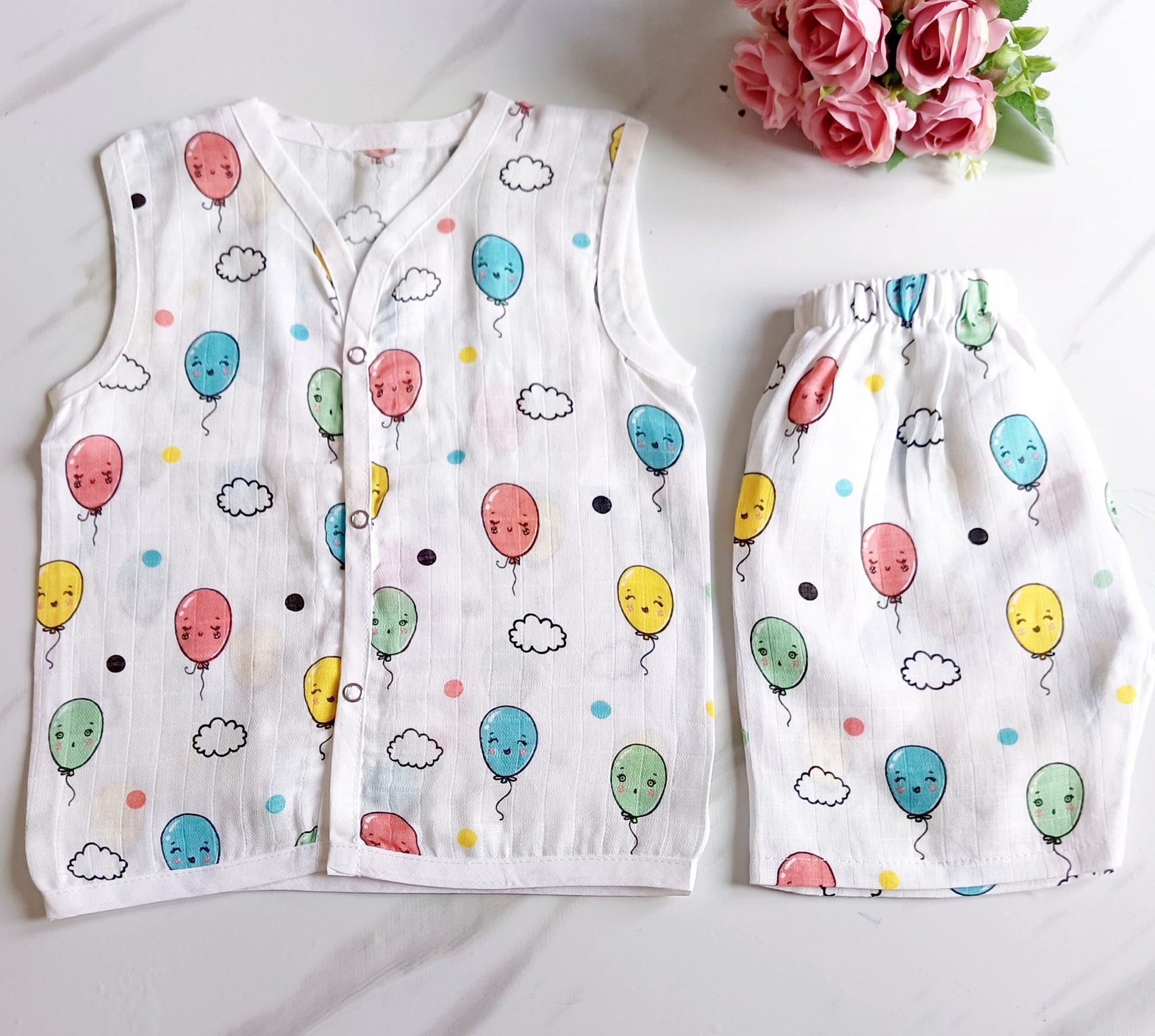 Muslin White Co-Ord Sets - Balloon Print - 3 - 6 M image