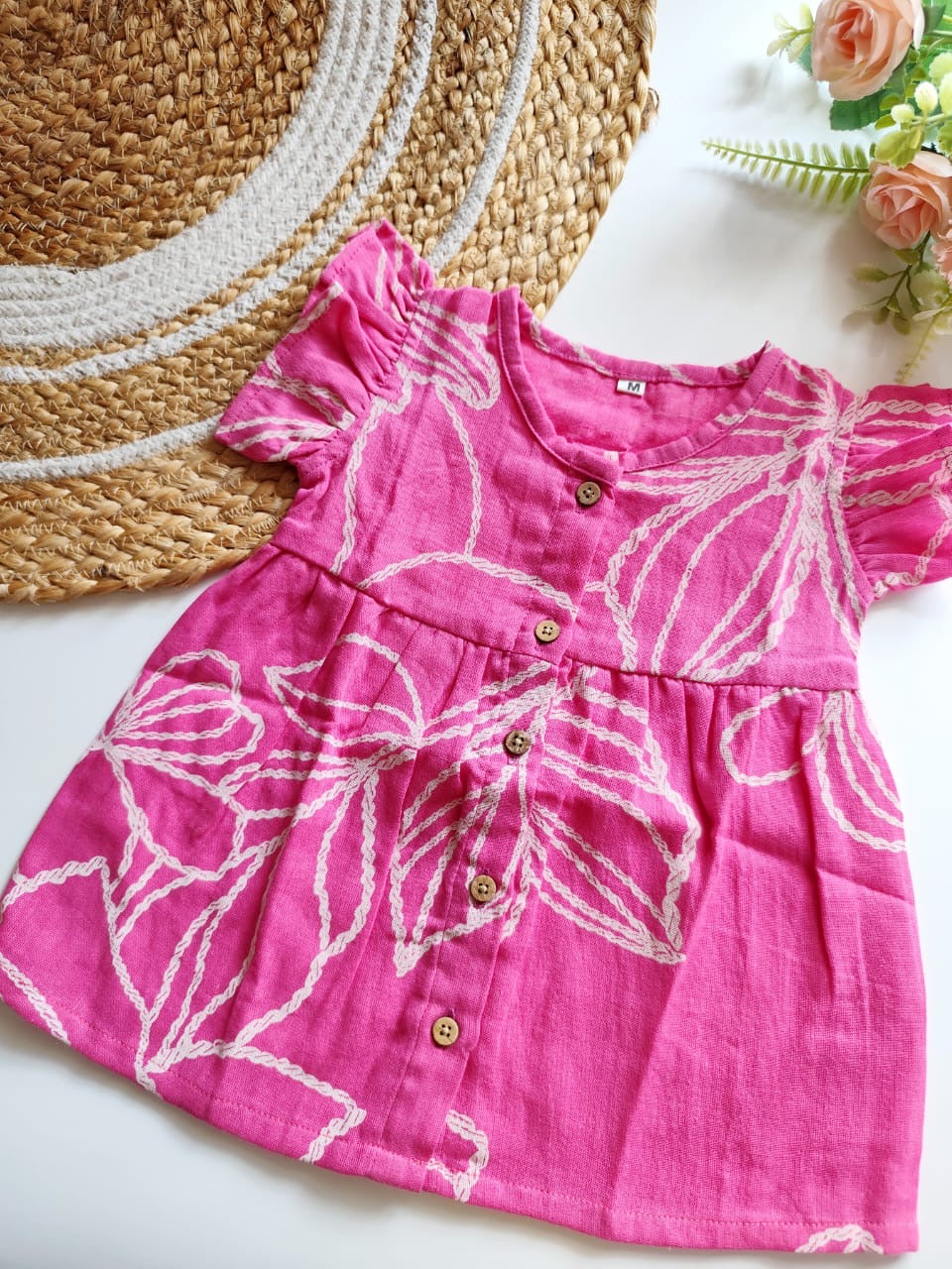 Muslin Frilled Sleeve Frock - Fuchsia Pink