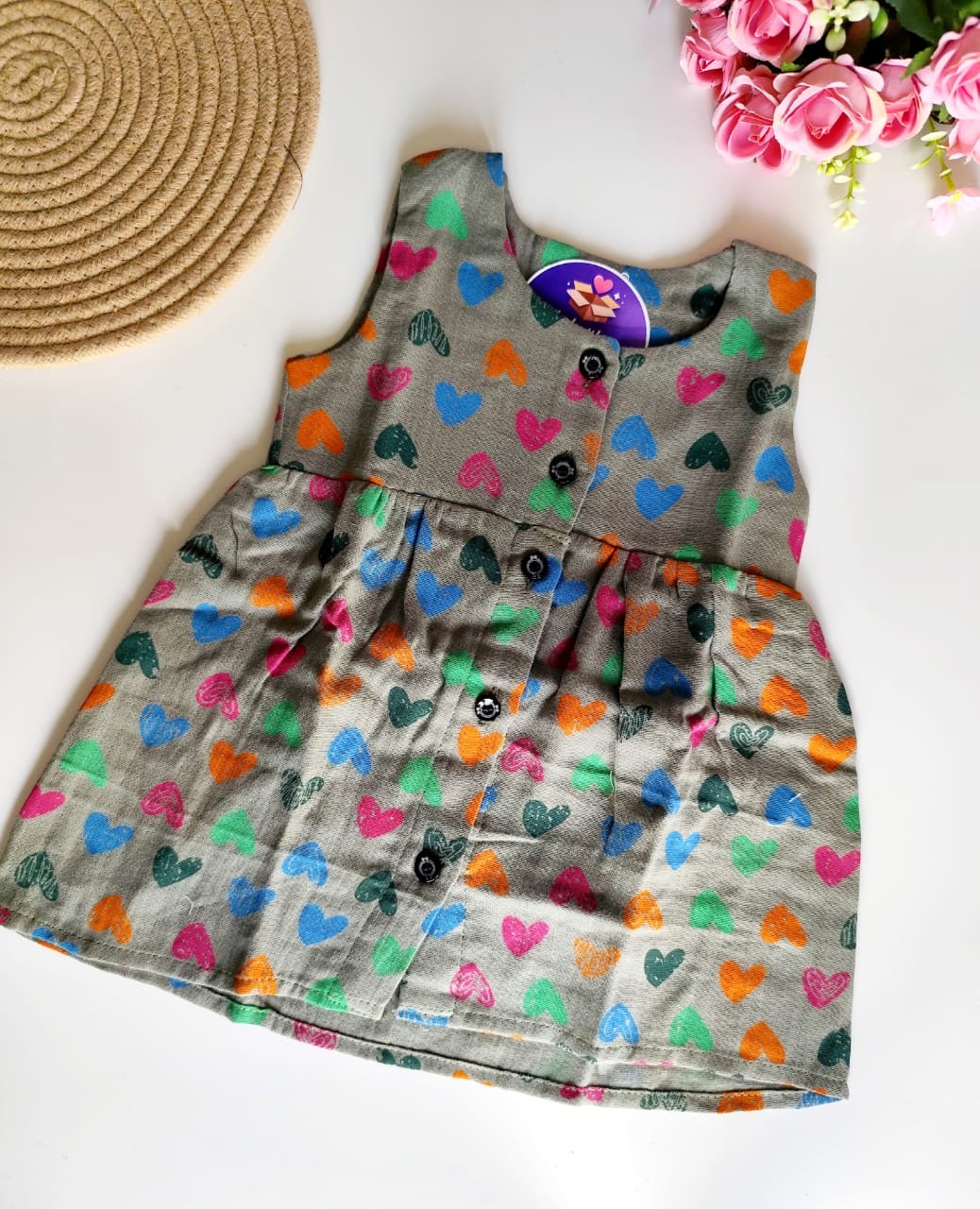 Muslin Hip Cut Frock - Green Hearts