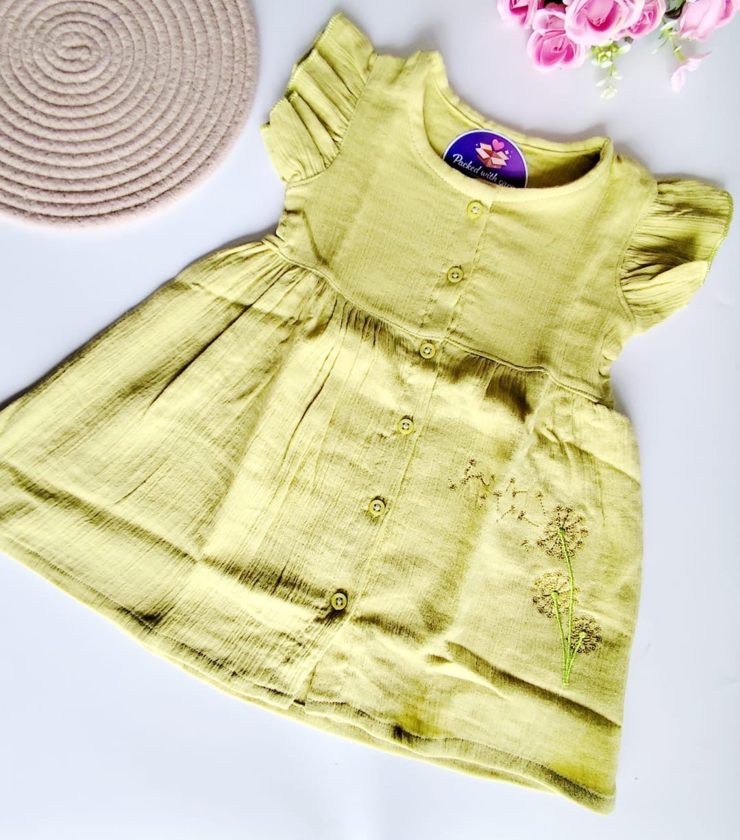 Muslin Frill Sleeve Frock - Green