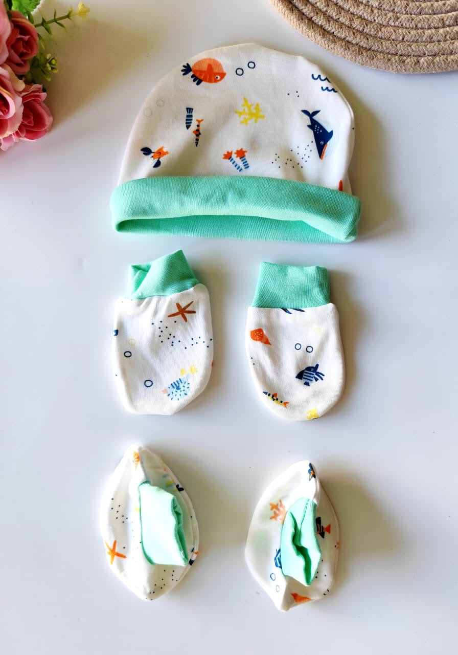 Cotton Cap, Mittens & Booties - Green Sea