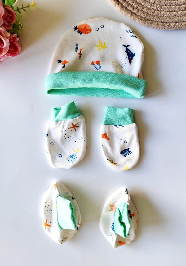 Cotton Cap, Mittens & Booties - Green Sea