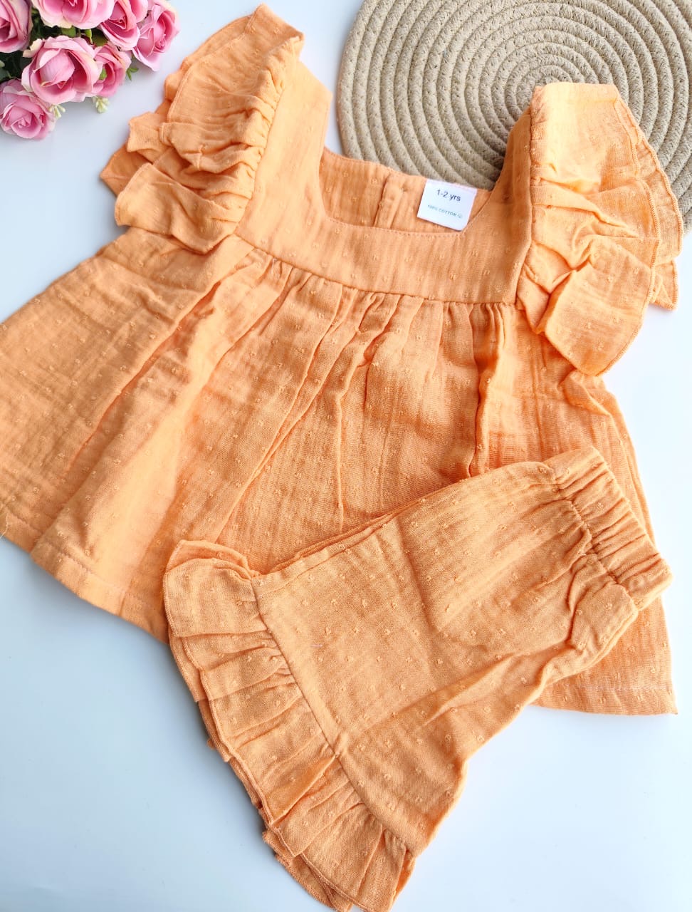 Muslin Girls Co Ord Set - Textured Orange