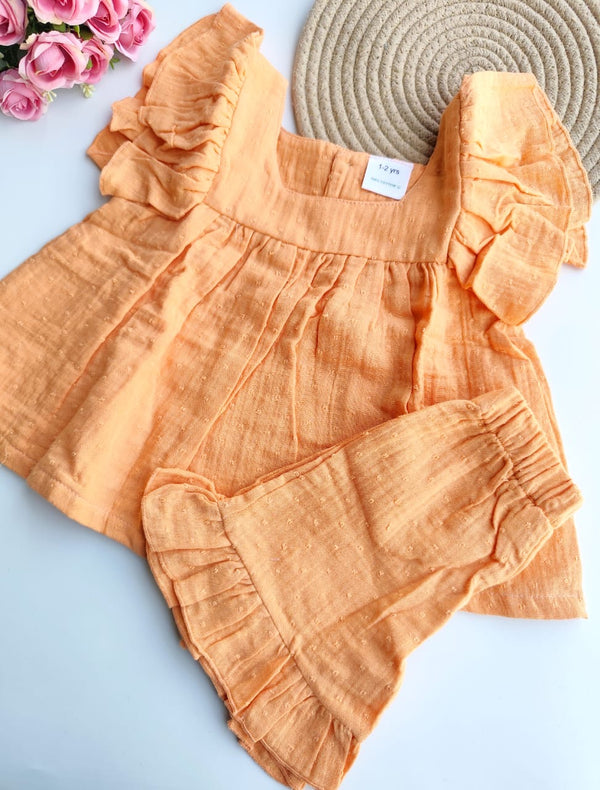 Muslin Girls Co Ord Set - Textured Orange