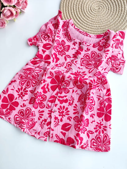 Muslin Frill Sleeve Frock - Pink Floral Pattern