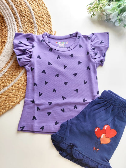 Cotton Girls Co Ord Set - Purple Hearts