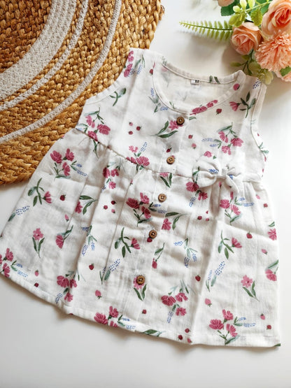 Muslin Hip Cut Frock - Pink Floral