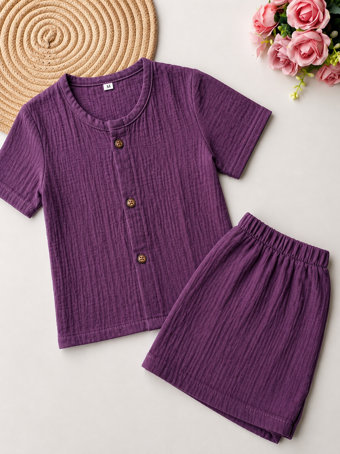 Muslin Half Sleeve Co Ord Set - Purple