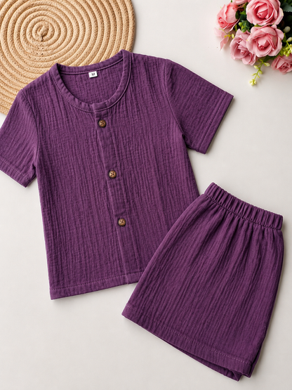 Muslin Half Sleeve Co Ord Set - Purple