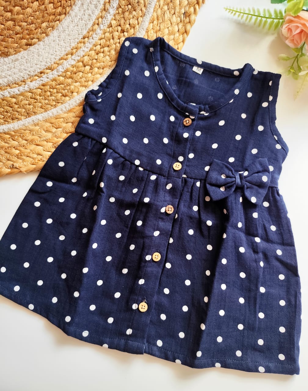 Muslin Hip Cut Frock - Navy Polka