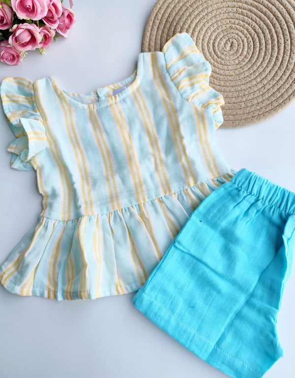 Muslin Girls Top & Bottom Set - Light Blue Striped
