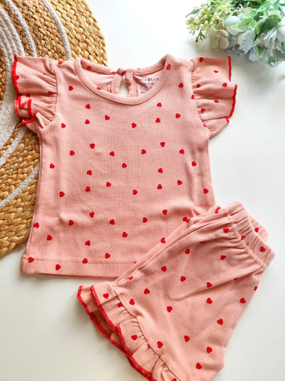 Girls Ribbed Co Ord Set - Red Hearts