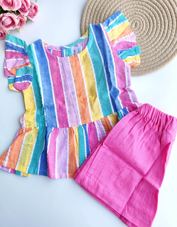 Muslin Girls Top & Bottom Set - Multi Color Striped
